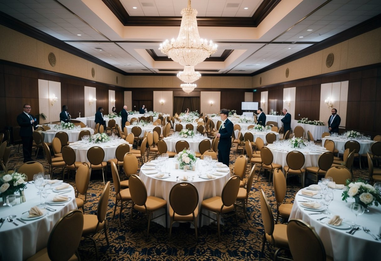 A banquet hall with elegant decor, tables set for 2000 guests, and a wedding planner overseeing final preparations