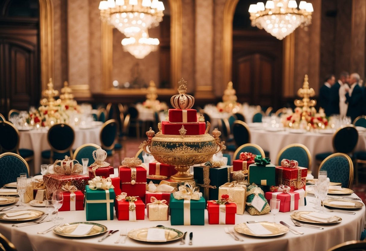 A grand banquet table overflowing with ornate wedding gifts for the queen
