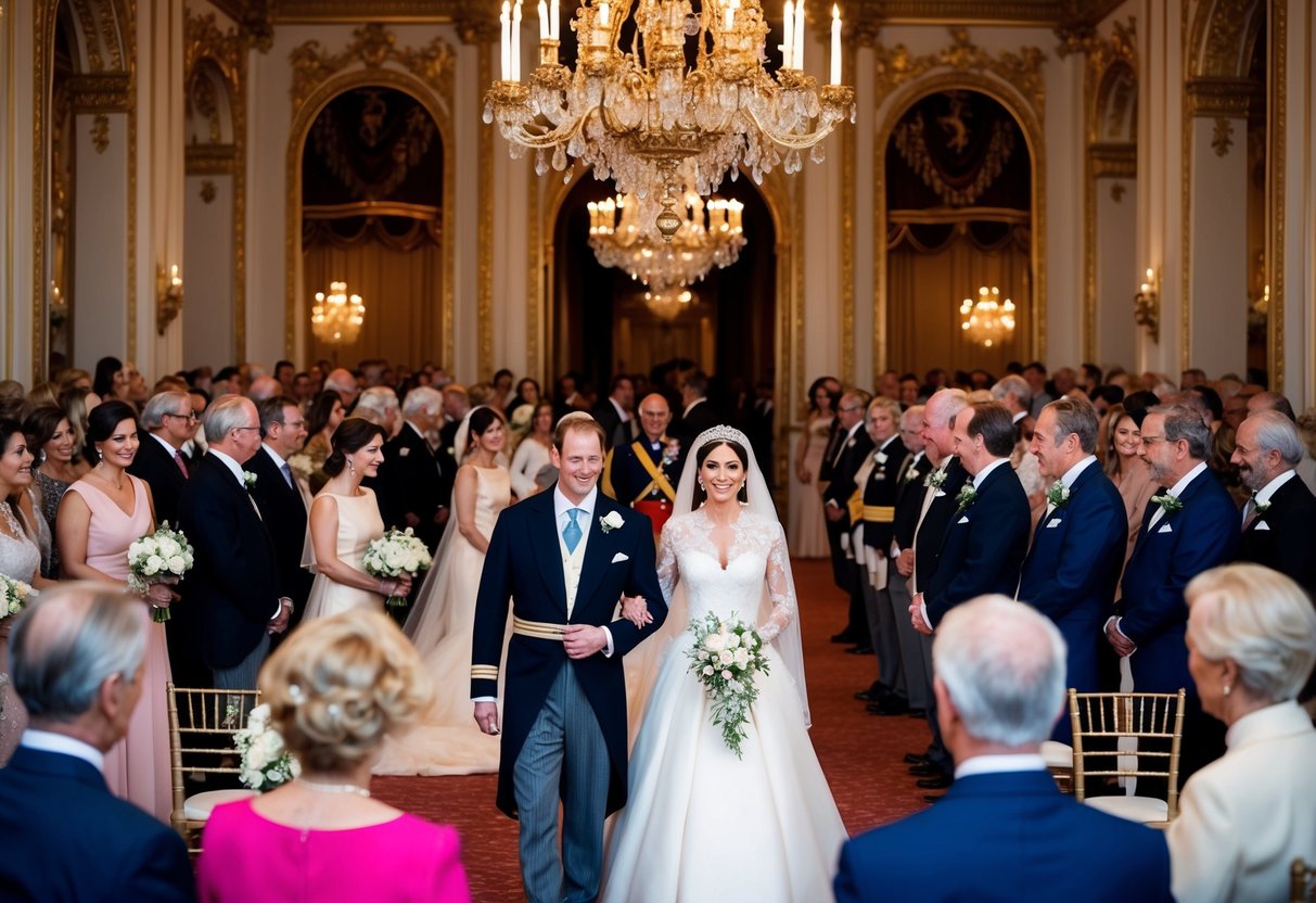 A grand wedding ceremony at a royal palace, with opulent decorations and a crowd of well-dressed guests celebrating the union of the Royal Couple
