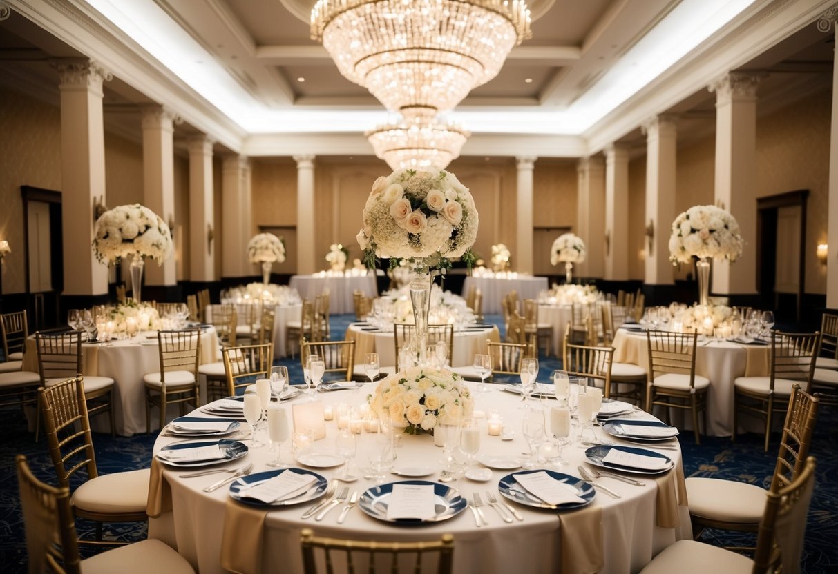 A grand wedding venue with elegant decorations and a lavish banquet, fit for royalty
