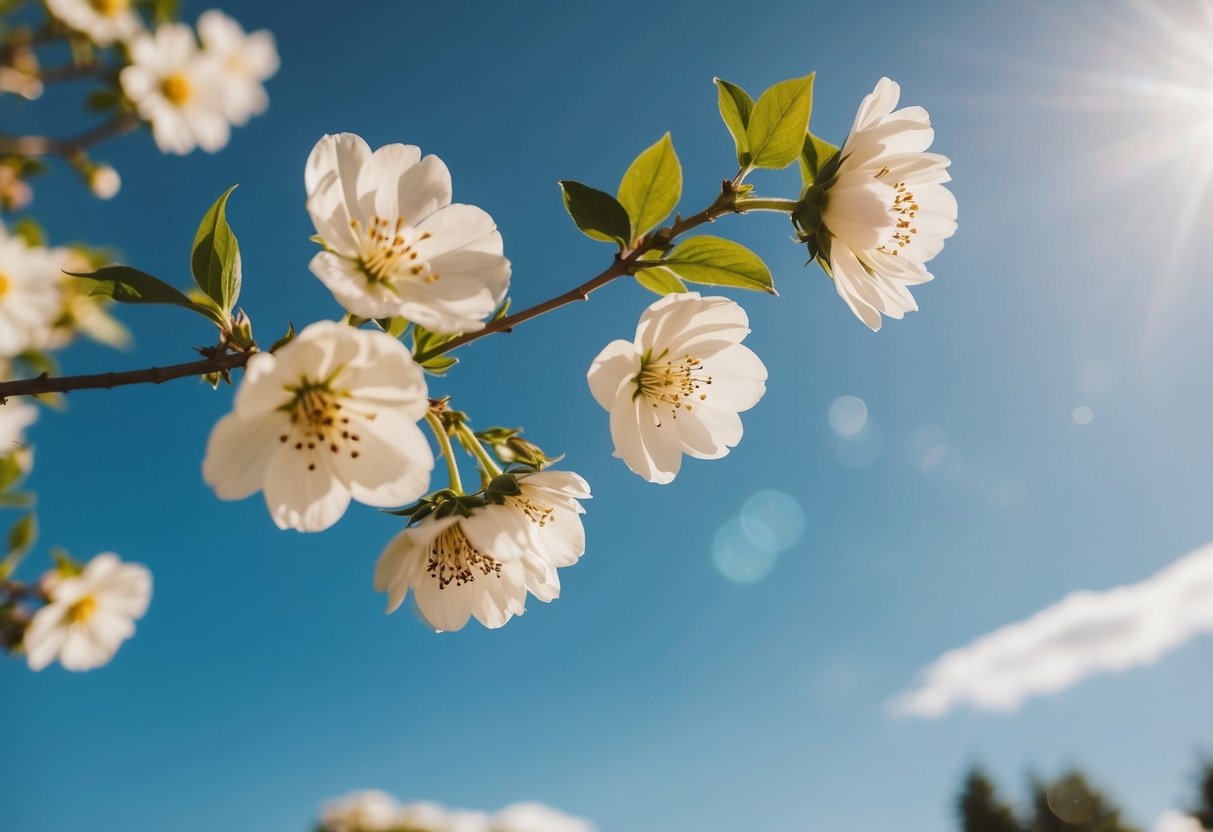 A sunny outdoor wedding with blooming flowers and a clear blue sky