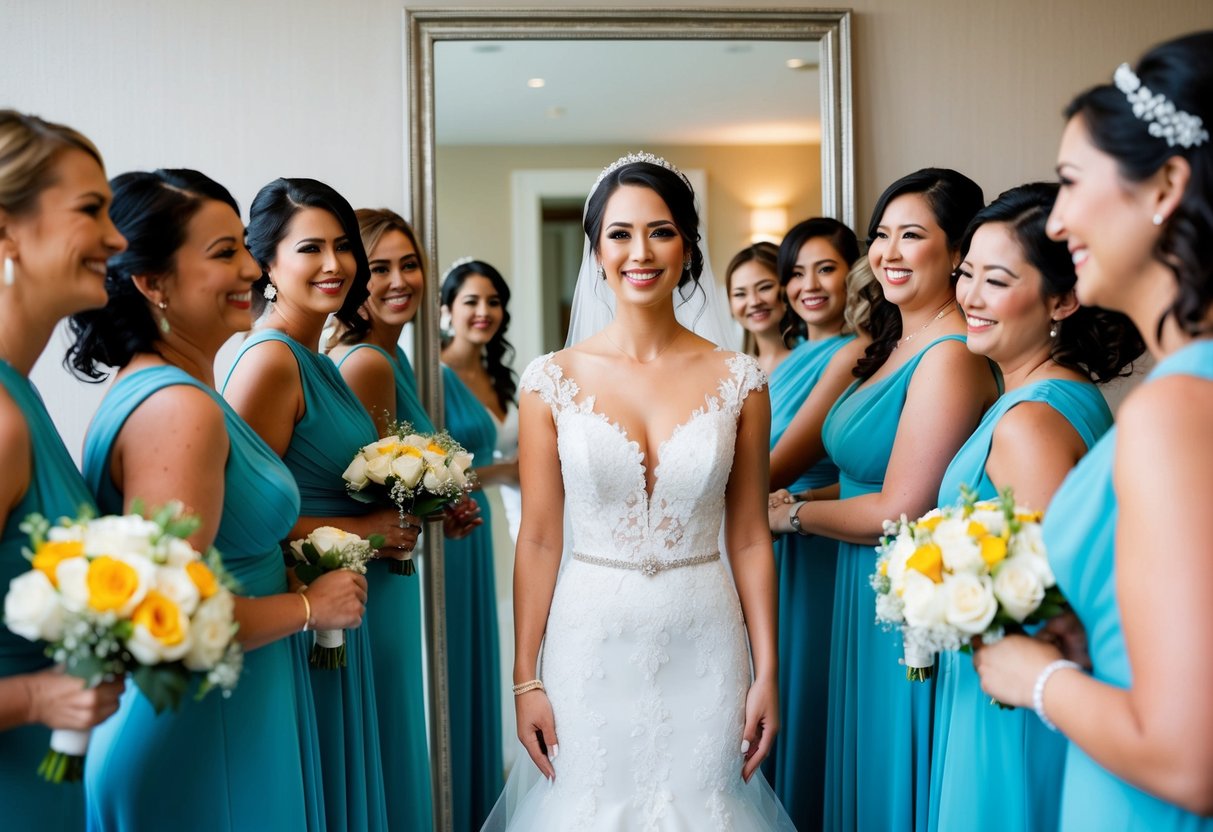 A woman in a wedding dress stands in front of a mirror, surrounded by her friends and family, all smiling and admiring her