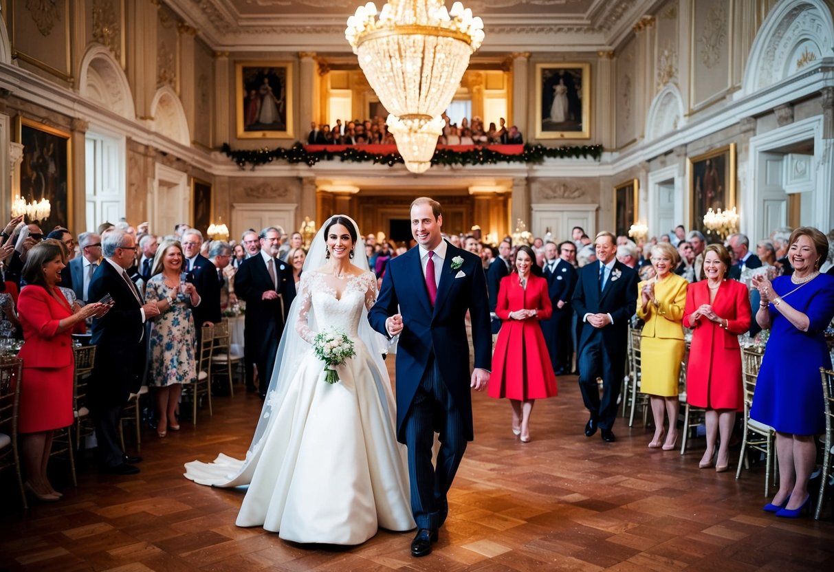 A grand reception hall with elegant decorations and a lively crowd celebrating Prince William's wedding