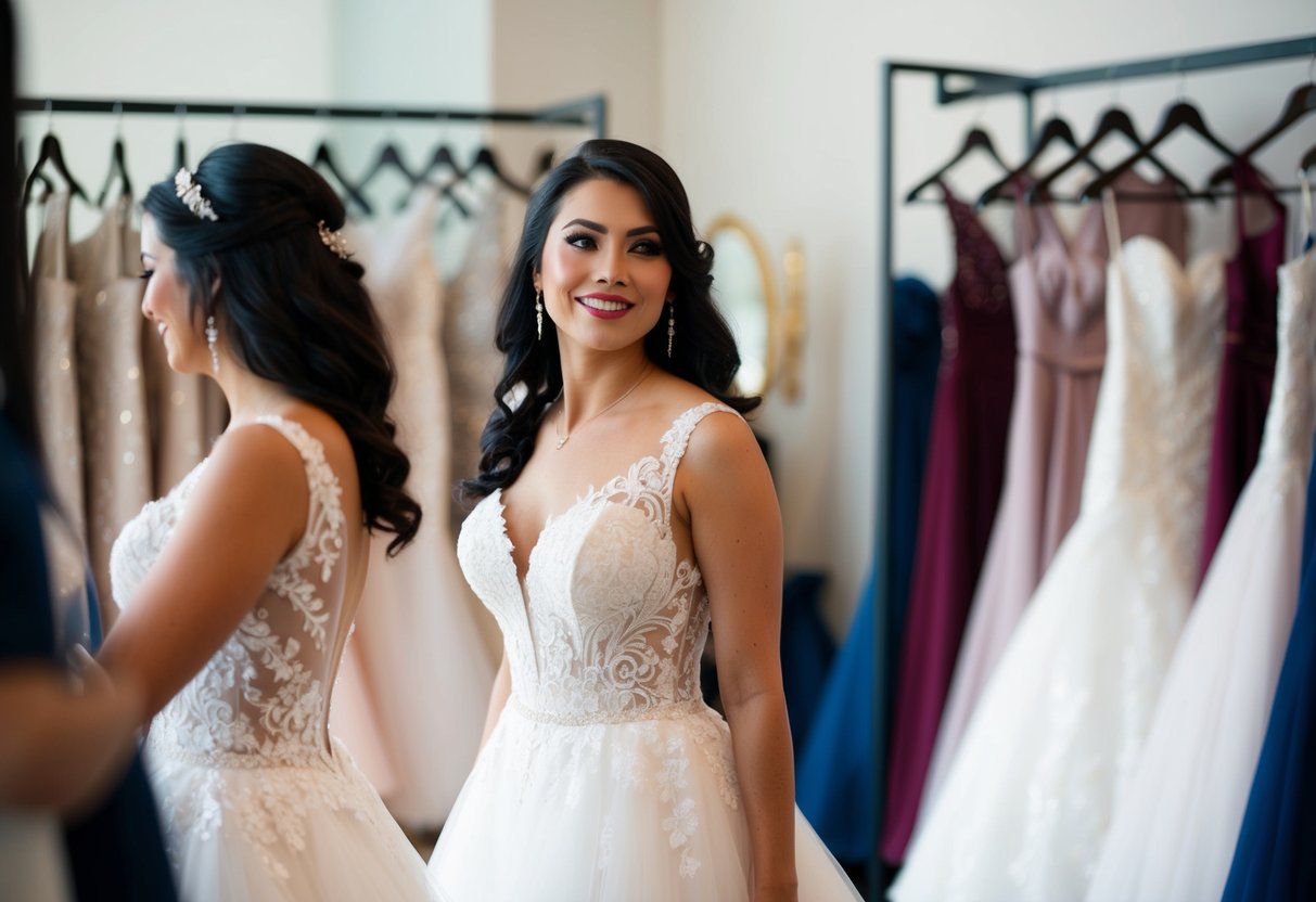 A woman tries on a wedding dress in a boutique, surrounded by racks of elegant gowns. She gazes at her reflection with a smile