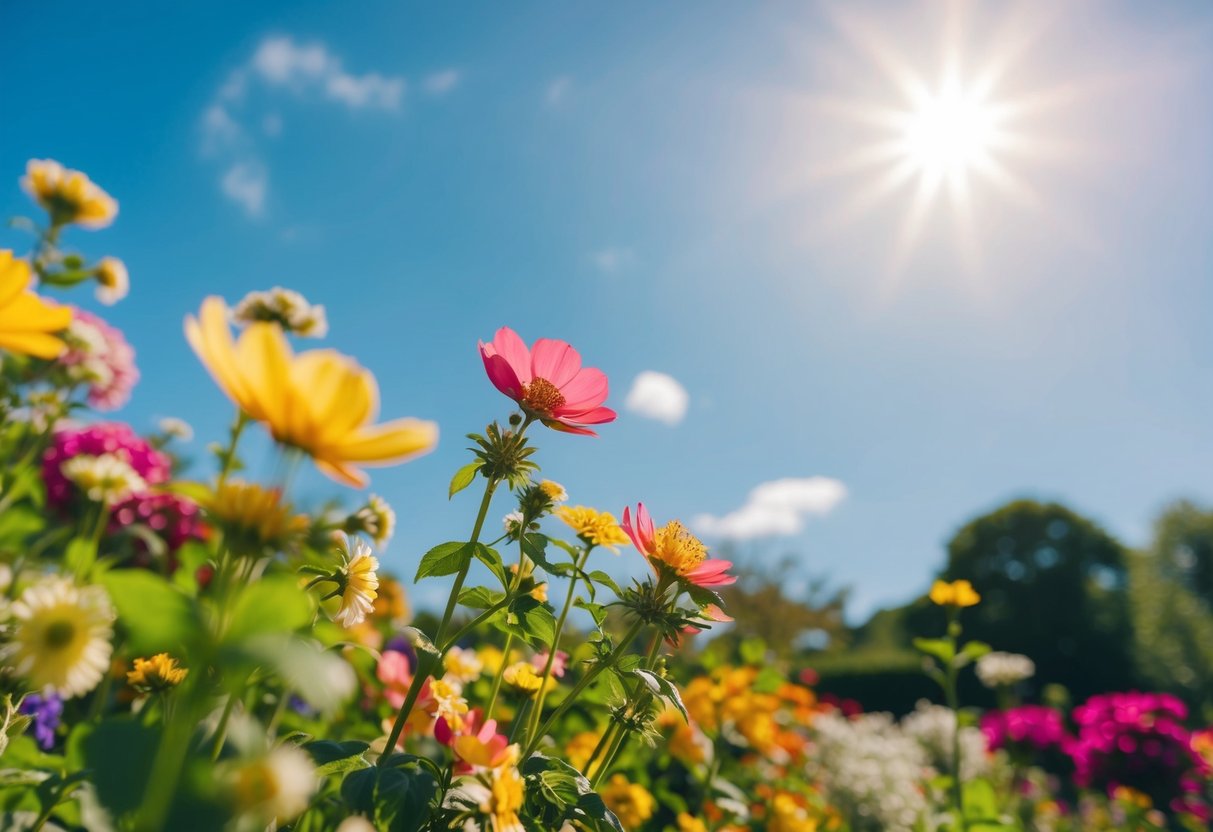 A vibrant summer garden wedding with blooming flowers and a sunny sky