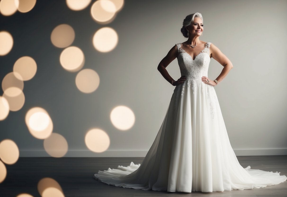 A mature bride stands confidently in a flowing wedding gown, exuding elegance and grace
