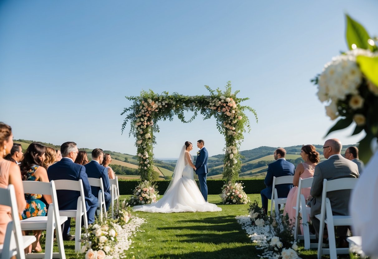 A sunny outdoor wedding ceremony with blooming flowers and a picturesque backdrop of rolling hills and a clear blue sky