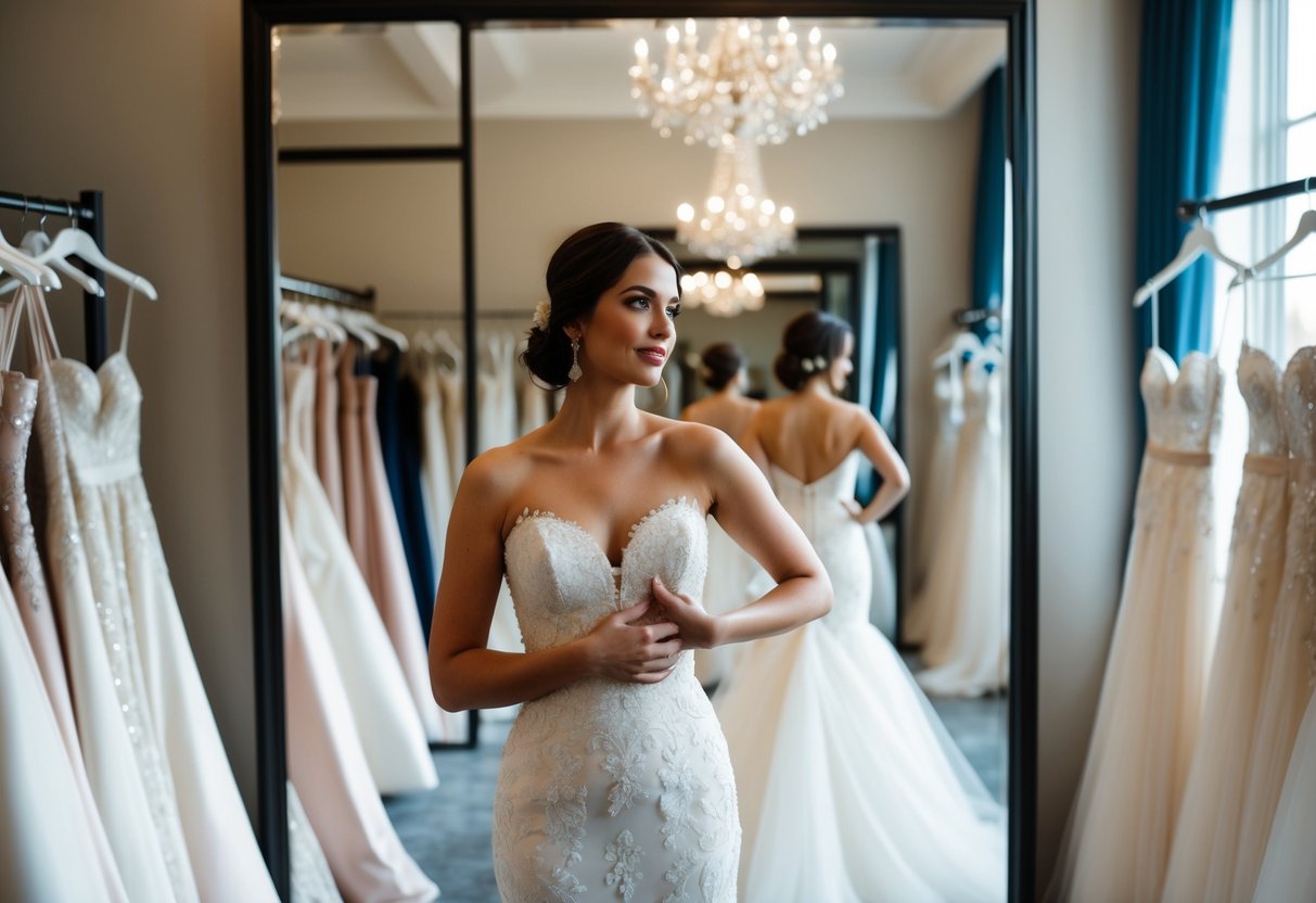 A woman tries on a wedding dress in a boutique, surrounded by racks of elegant gowns and mirrors. She looks contemplative, holding the dress up to her body