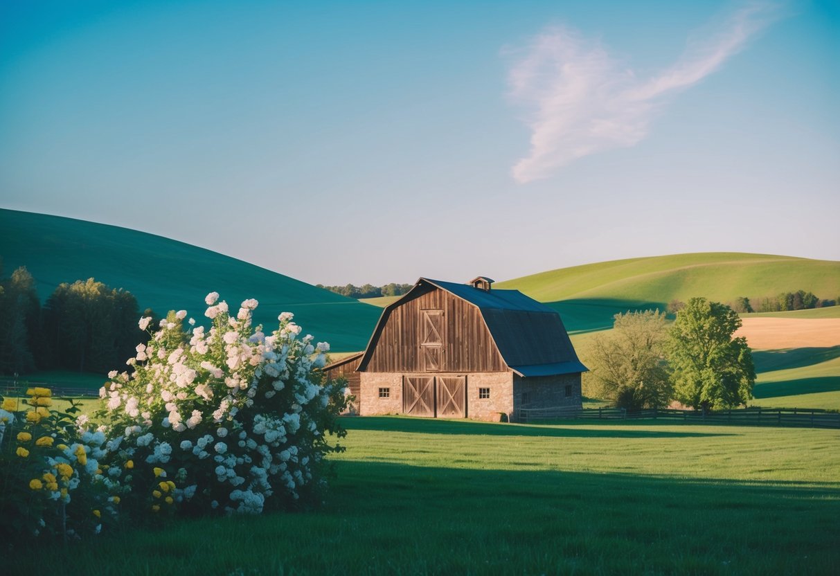 A picturesque countryside setting with blooming flowers and a rustic barn, surrounded by rolling hills and a clear blue sky