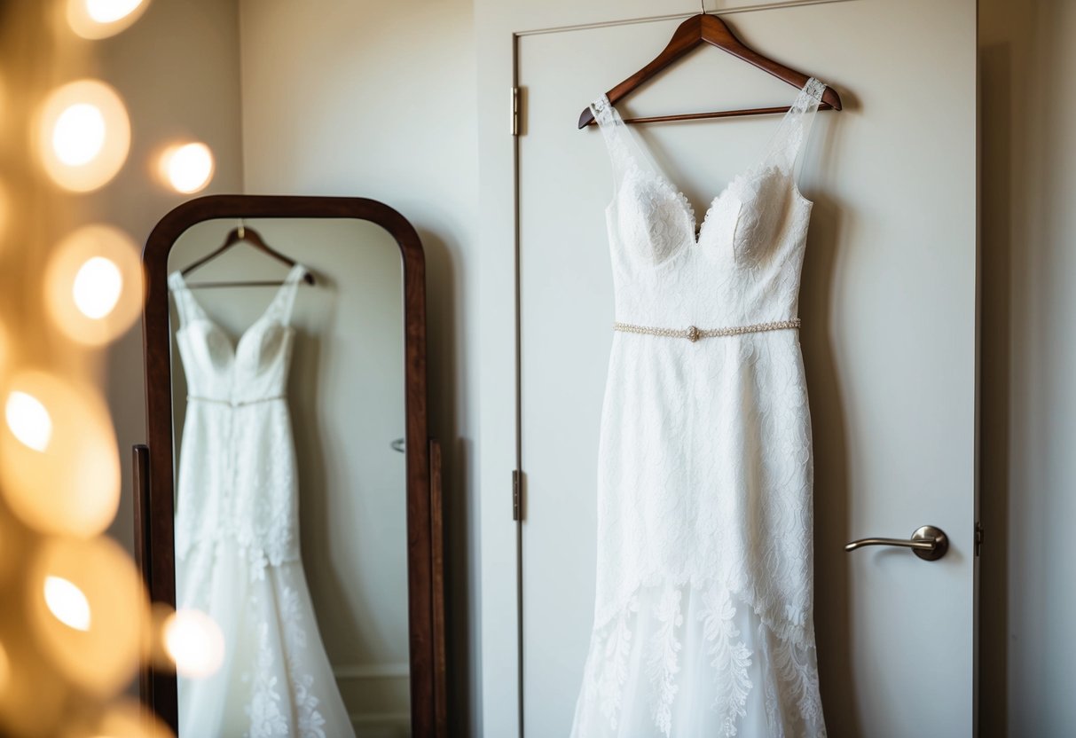 A white lace wedding dress hanging on a wooden hanger, surrounded by soft lighting and a full-length mirror