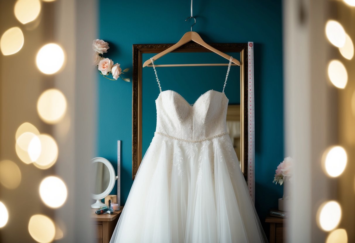 A bride's wedding dress hanging on a hanger, surrounded by a mirror, sewing tools, and a measuring tape