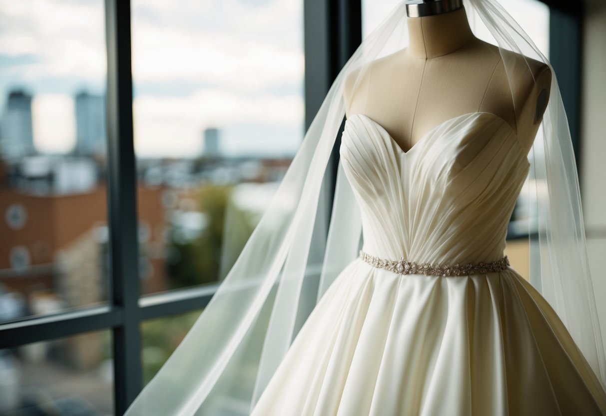 A wedding dress hangs loosely on a mannequin, draping elegantly over the curves of the form