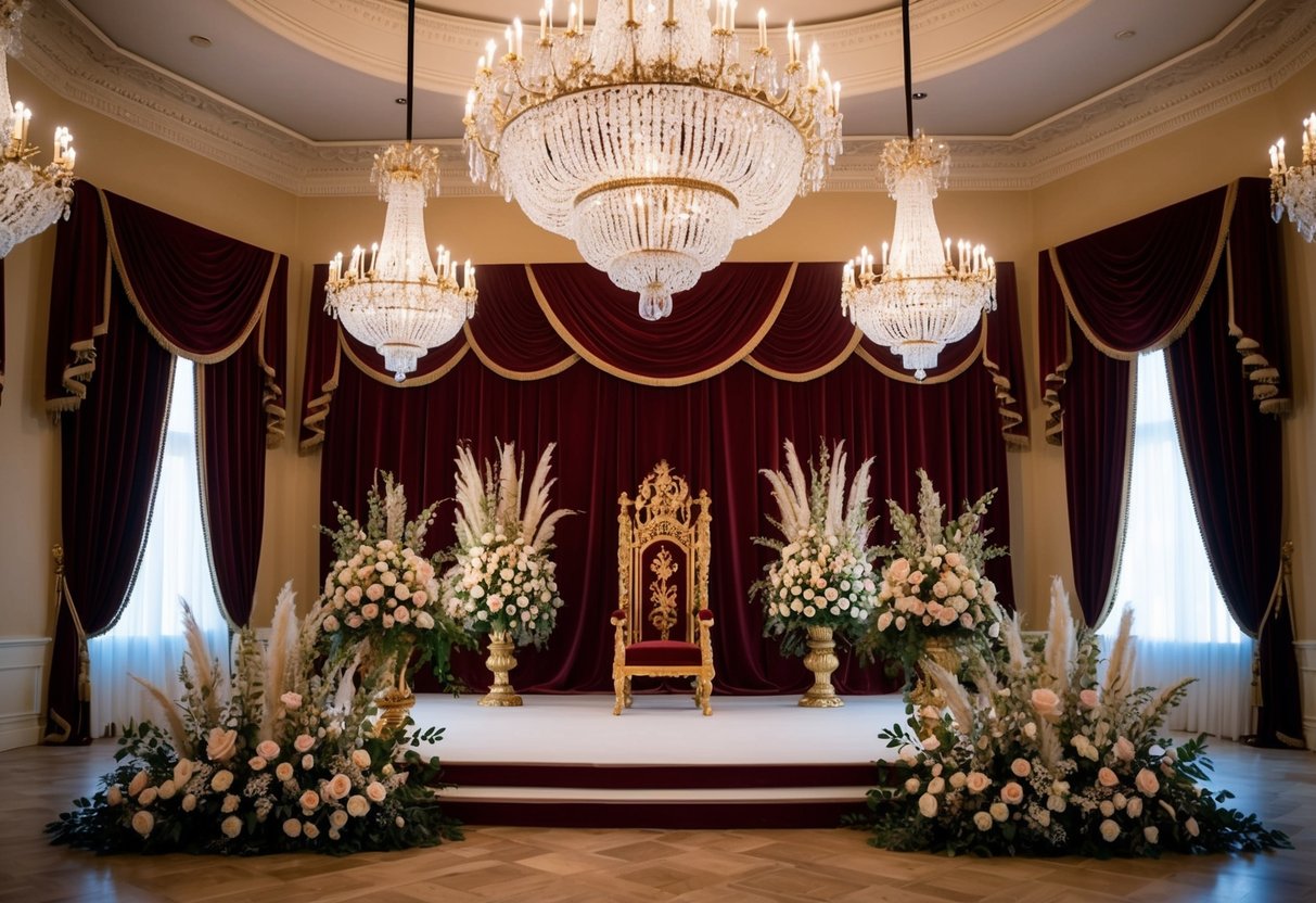 A grand ballroom with ornate chandeliers, a regal throne, and opulent floral arrangements. Rich velvet drapes and gilded accents complete the royal ambiance