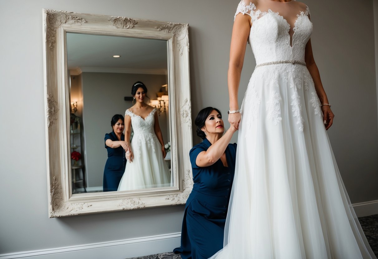 A bride stands in front of a full-length mirror, wearing a white wedding dress with delicate lace details, as a seamstress adjusts the hem