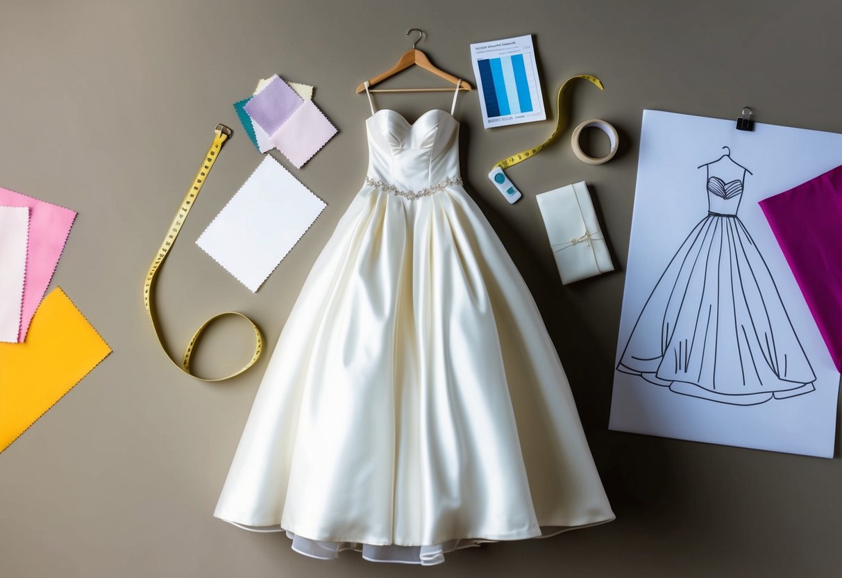 A bridal gown hanging on a dress form, surrounded by fabric swatches, measuring tape, and a sketch of the bride's vision