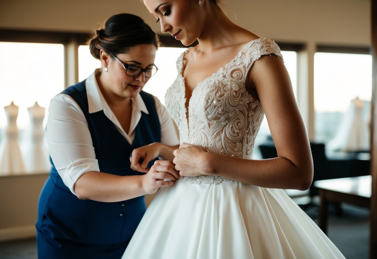 A professional fitting service adjusting a wedding dress for the perfect fit