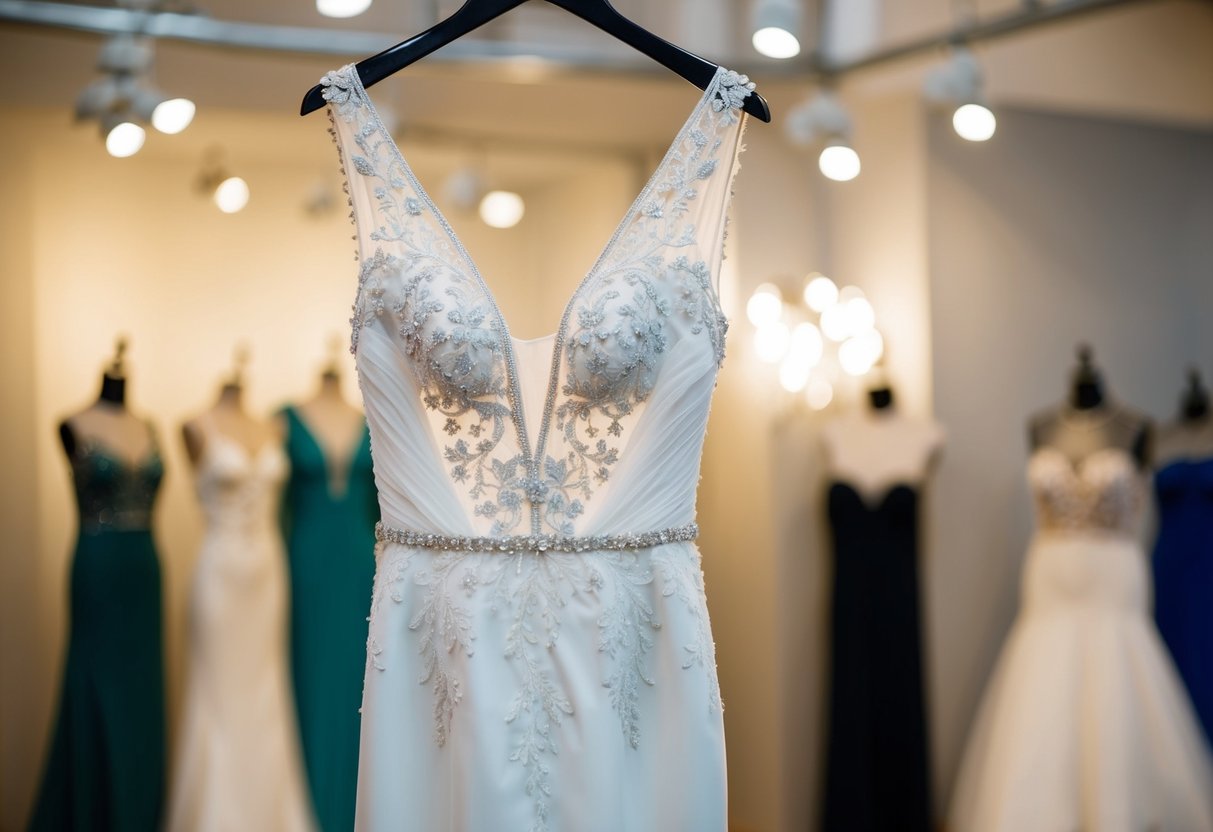 A wedding dress hanging on a mannequin, with delicate lace and intricate beading, showcasing both fitted and loose styles