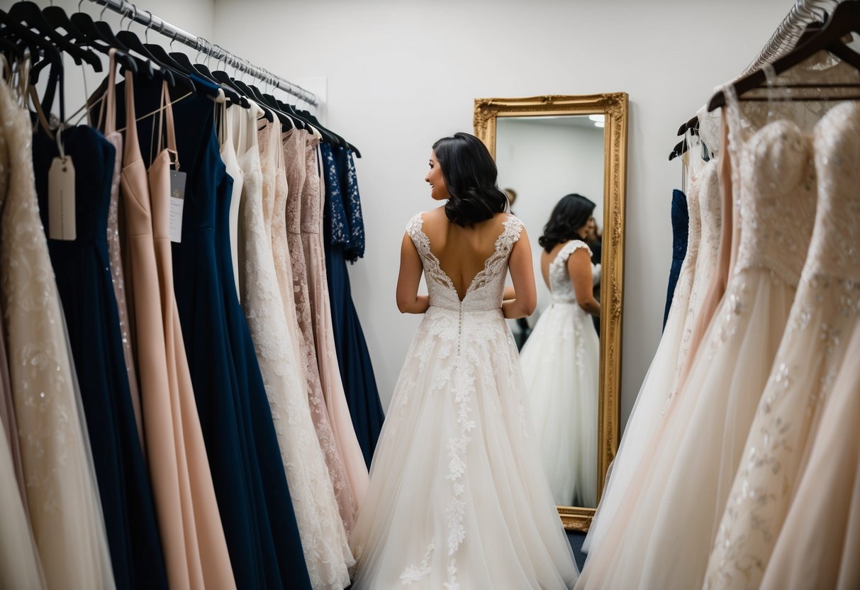 A woman browsing wedding dresses in a boutique, surrounded by racks of gowns and a mirror