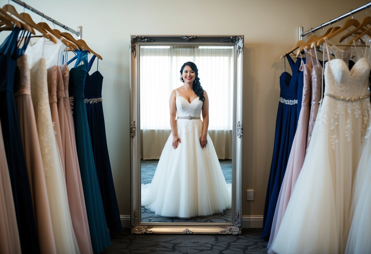 A bride stands in front of a full-length mirror, surrounded by racks of wedding dresses. She looks confident and happy in her chosen gown