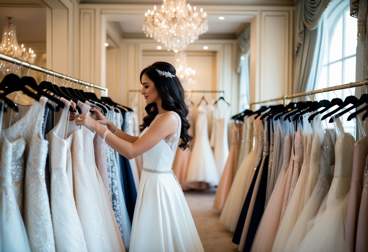 A bride-to-be browsing through racks of wedding dresses in a chic boutique, surrounded by luxurious fabrics and elegant designs