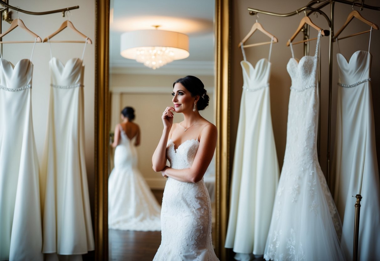 A bride standing in front of a full-length mirror, surrounded by wedding dresses on hangers, examining her reflection with a thoughtful expression