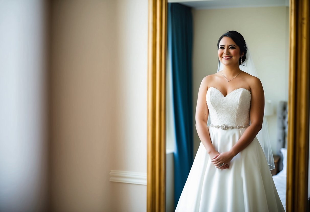 A bride standing in front of a full-length mirror, wearing a wedding dress with a satisfied smile on her face