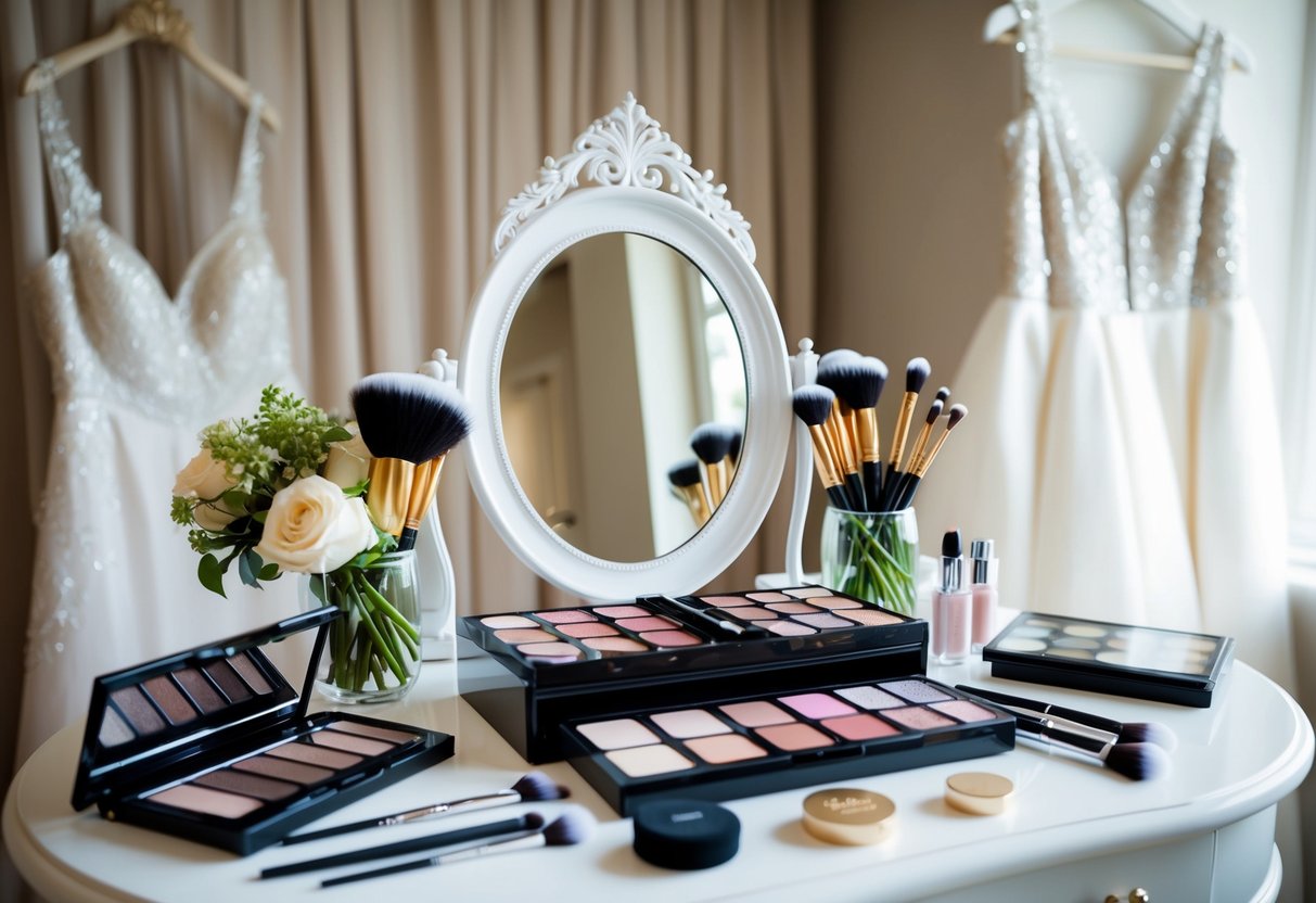 A beautifully arranged makeup station with brushes, palettes, and a mirror, surrounded by elegant wedding attire and accessories