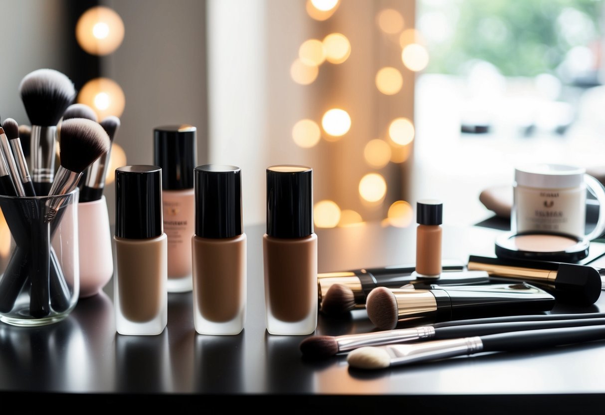 A makeup artist's table with various foundation bottles and brushes