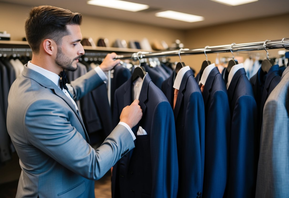 The groom selects multiple suits from a rack in a formalwear store