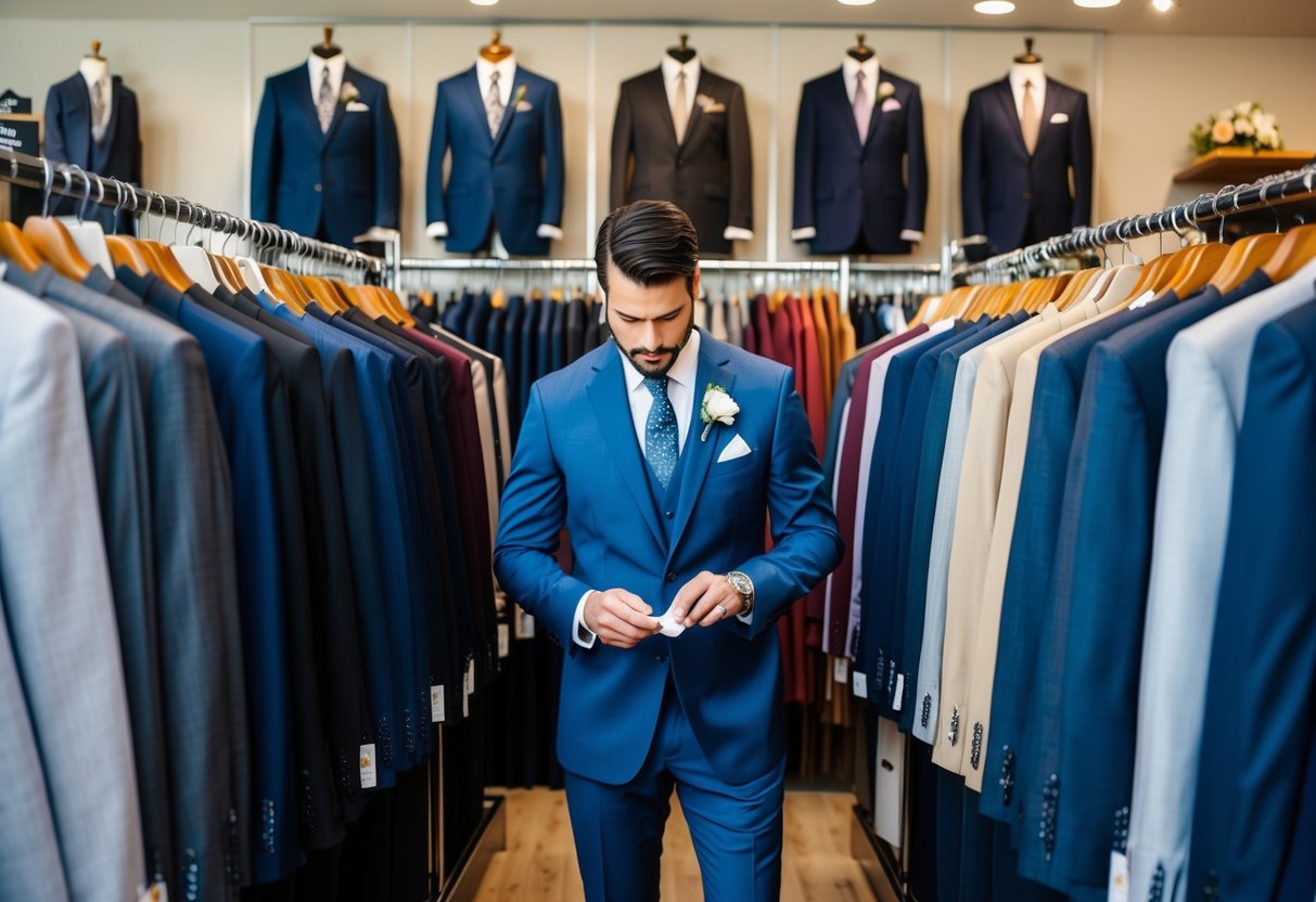 The groom stands in a formal wear store, surrounded by racks of suits in various styles and colors. He carefully inspects the fabric and checks the price tags, considering his financial responsibilities for the wedding