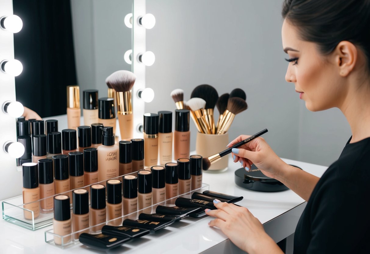 A makeup artist carefully selects and organizes an array of high-quality foundation products on a clean, well-lit makeup station