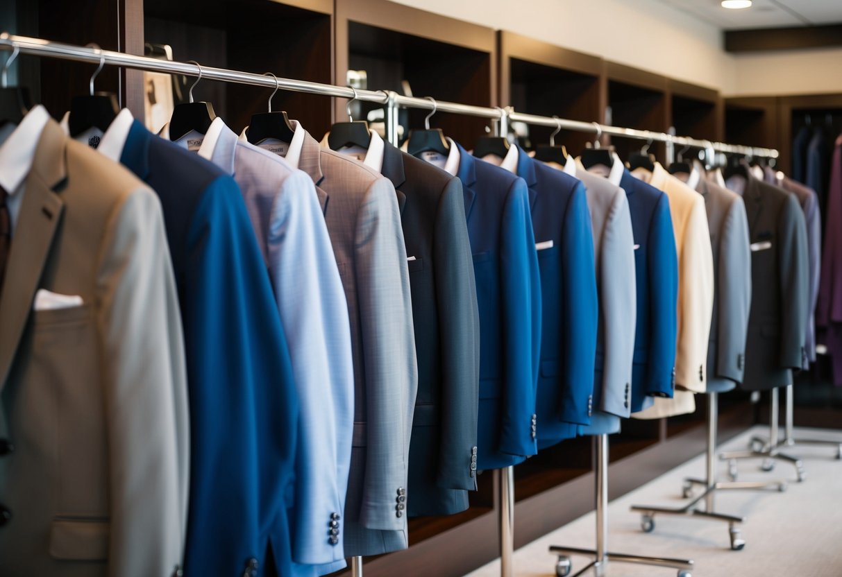 A row of matching groomsmen suits displayed in a boutique, with various styles and colors to choose from