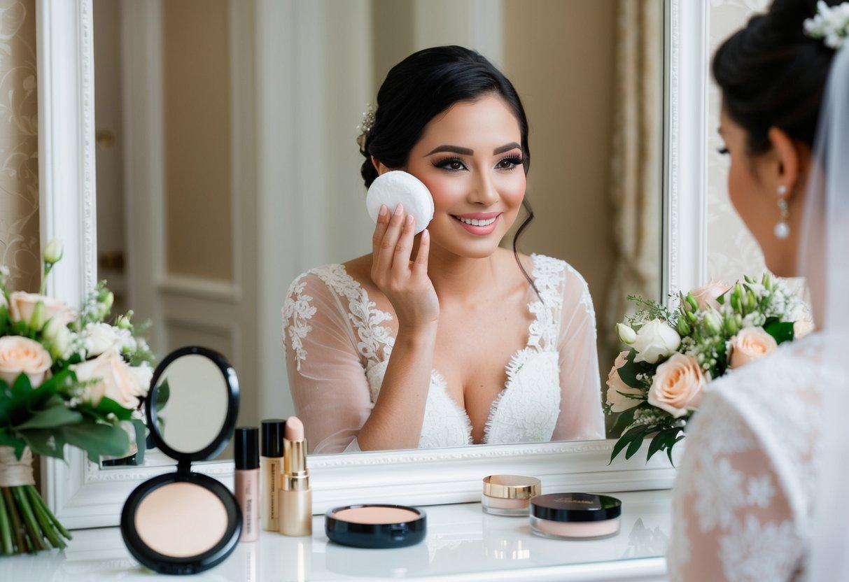 A bride gently dabbing her face with a powder puff in front of a mirror, surrounded by elegant makeup products and a bouquet of flowers