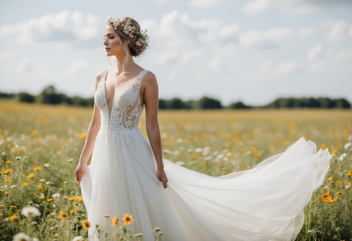 A bride stands in a field of wildflowers, her hair adorned with delicate blooms, wearing a flowing white gown with intricate lace details