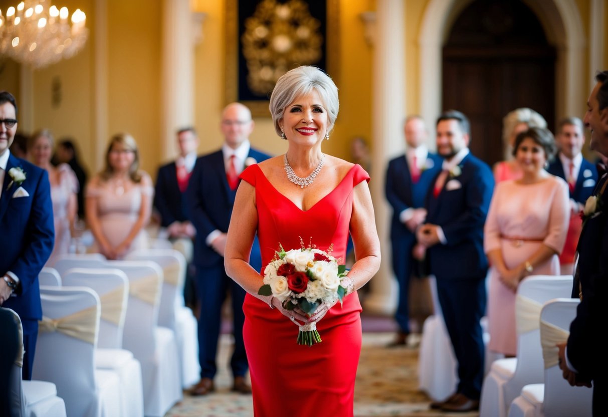 A mother of the bride wearing a bright red dress at a formal event