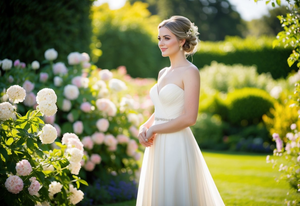 A bride stands in a sunlit garden, surrounded by blooming flowers and lush greenery. Her hair is styled in an elegant updo, adorned with delicate flowers. She wears a flowing white gown and a serene expression, radiating natural beauty