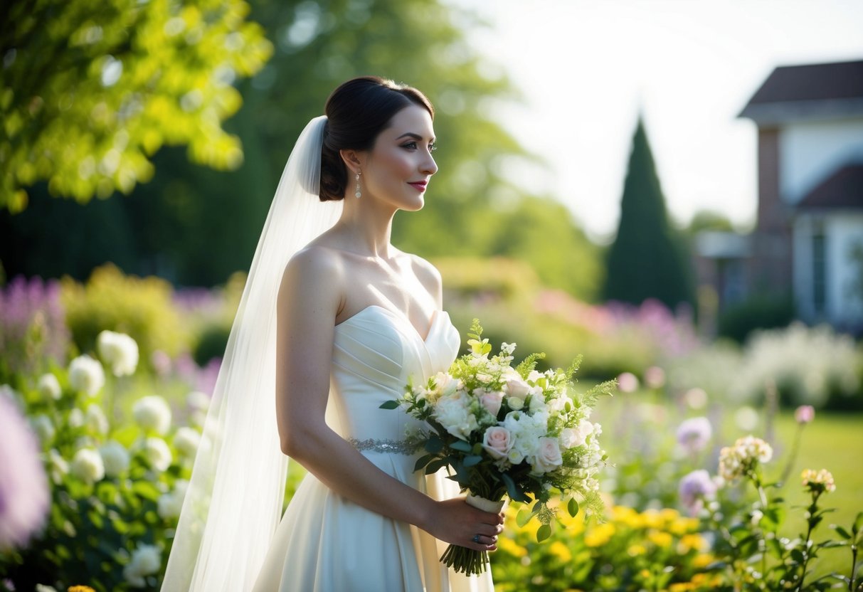 A serene bride stands in a garden, surrounded by blooming flowers and soft sunlight, radiating natural beauty and elegance on her wedding day