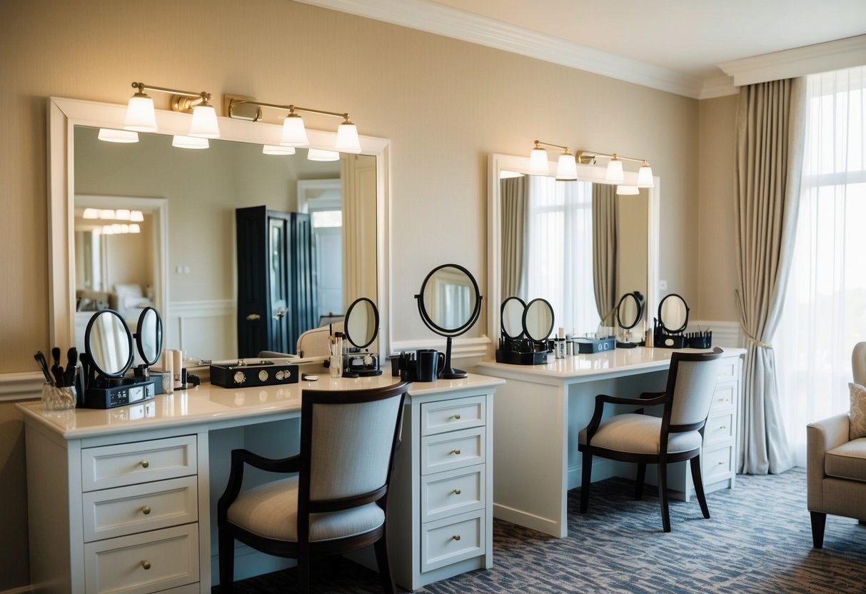 A bride's hair and makeup stations set up separately in a well-lit room with elegant decor and comfortable seating