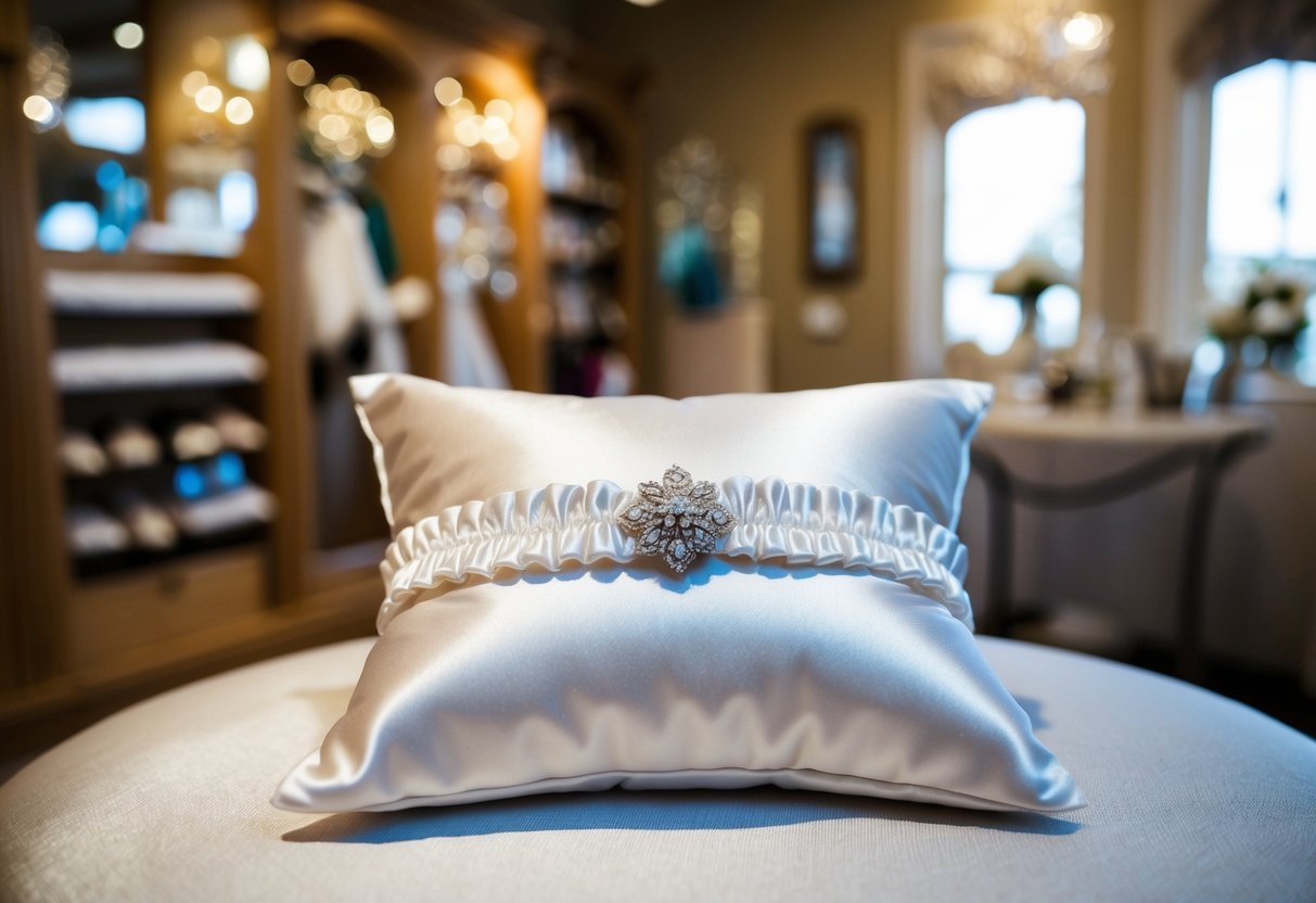 A hand-sewn garter displayed on a satin pillow in a quaint bridal boutique