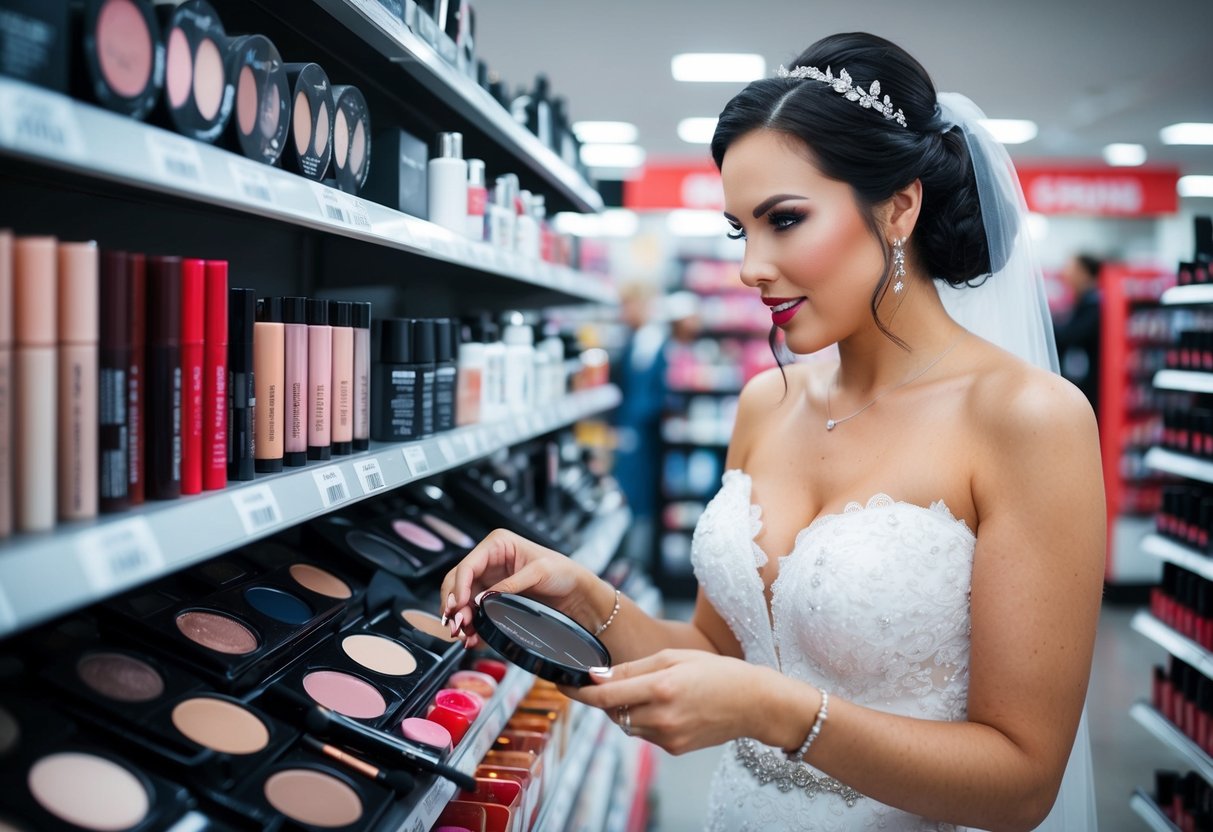 A bride-to-be comparing prices of different makeup products in a store, looking for budget-friendly options for her wedding day