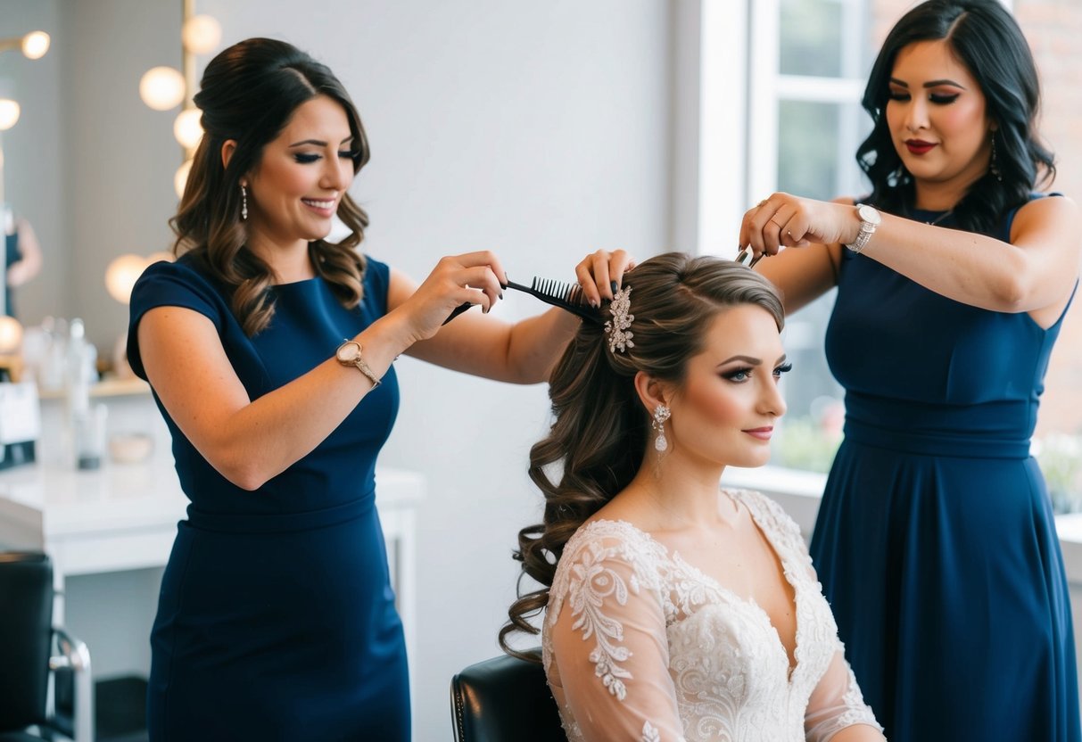 A bride sits in a chair, with a hairstylist working on her hair while a makeup artist applies makeup, both working simultaneously