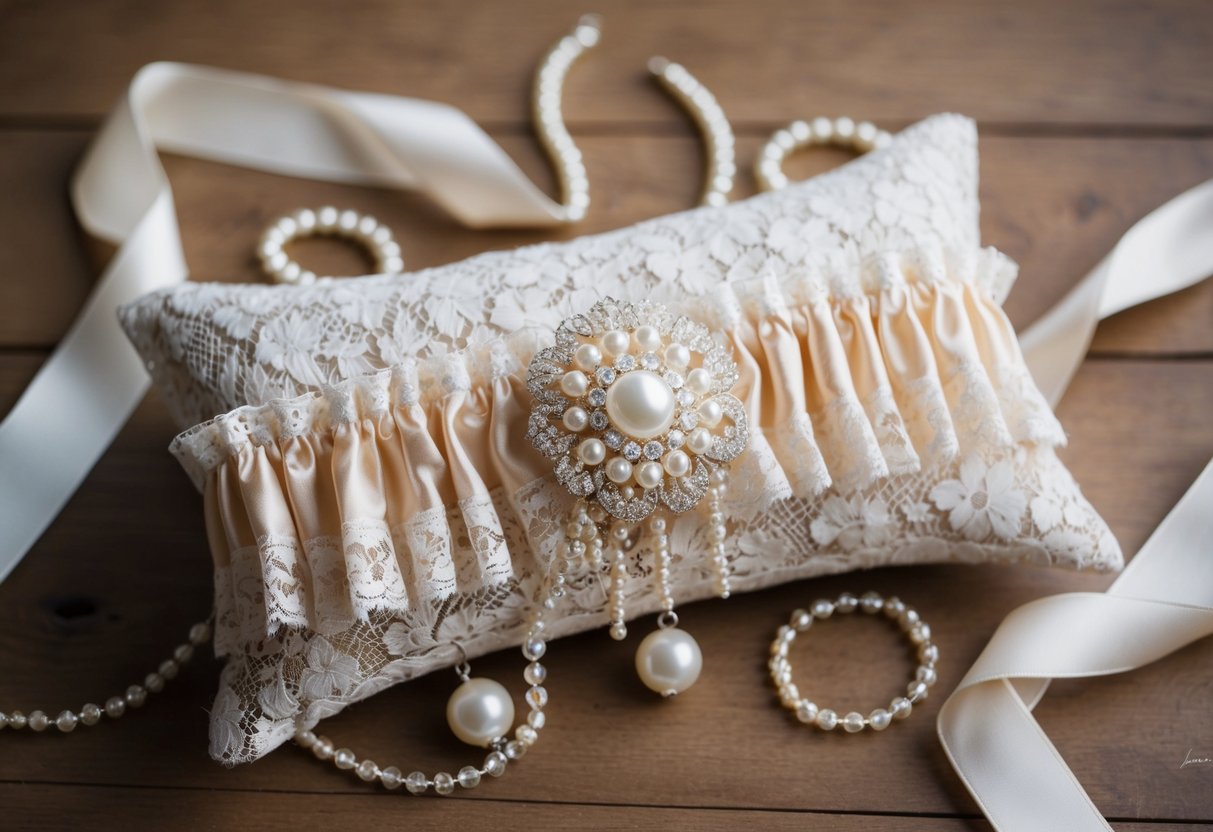 A handcrafted garter displayed on a vintage lace pillow, surrounded by delicate silk ribbons and sparkling beads