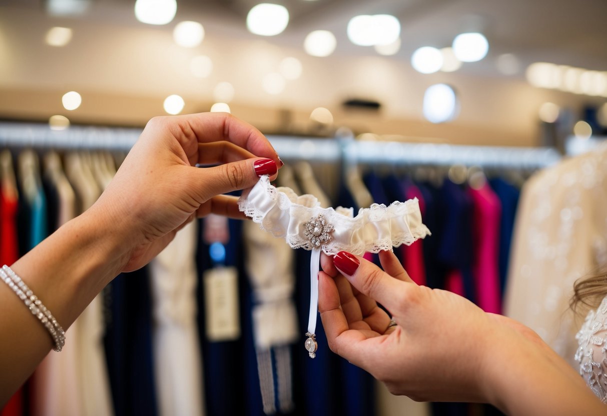 A bride's garter being purchased at a wedding boutique