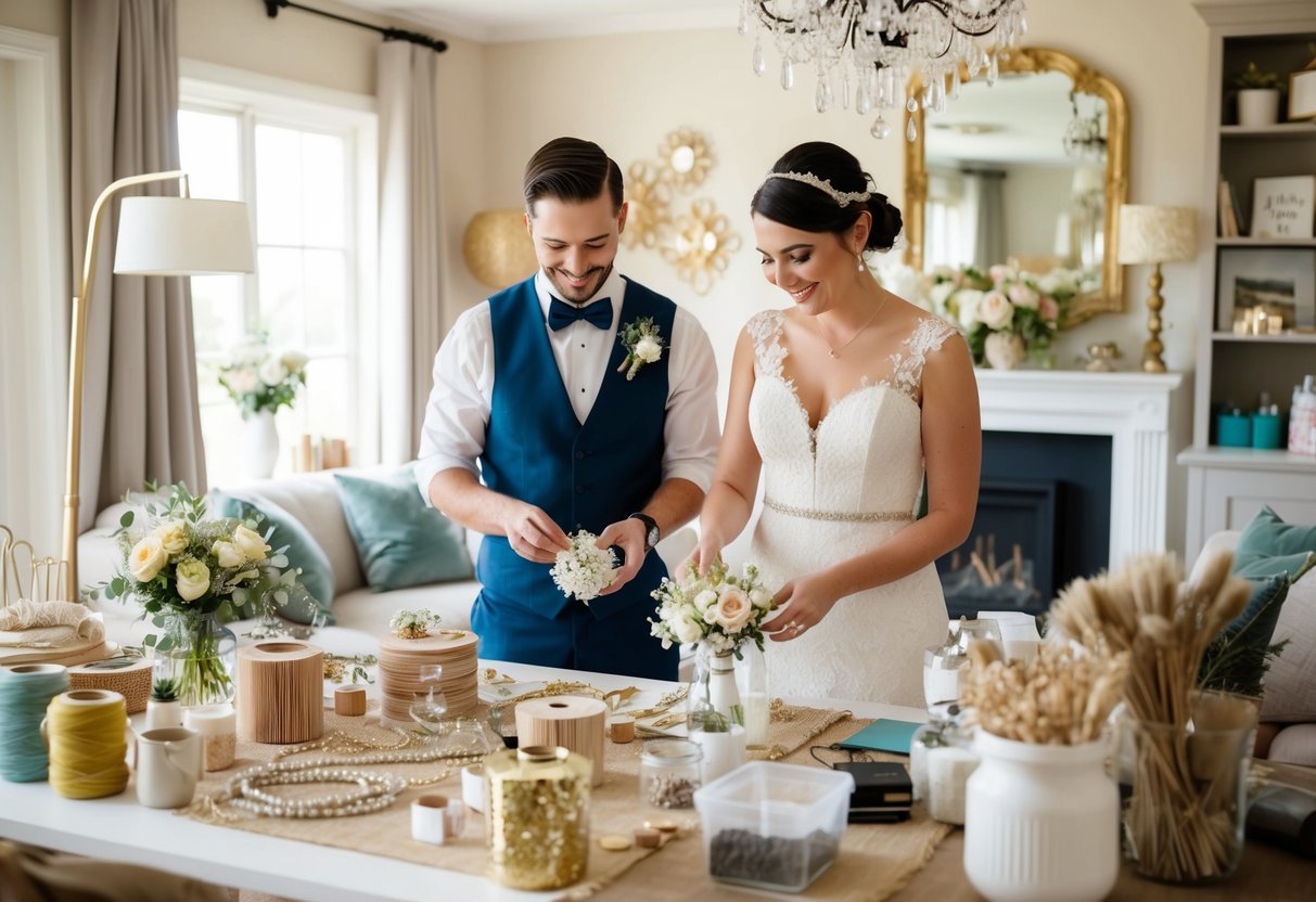 A bride and groom assembling DIY wedding decorations in a cozy, sunlit room filled with craft supplies and elegant decor