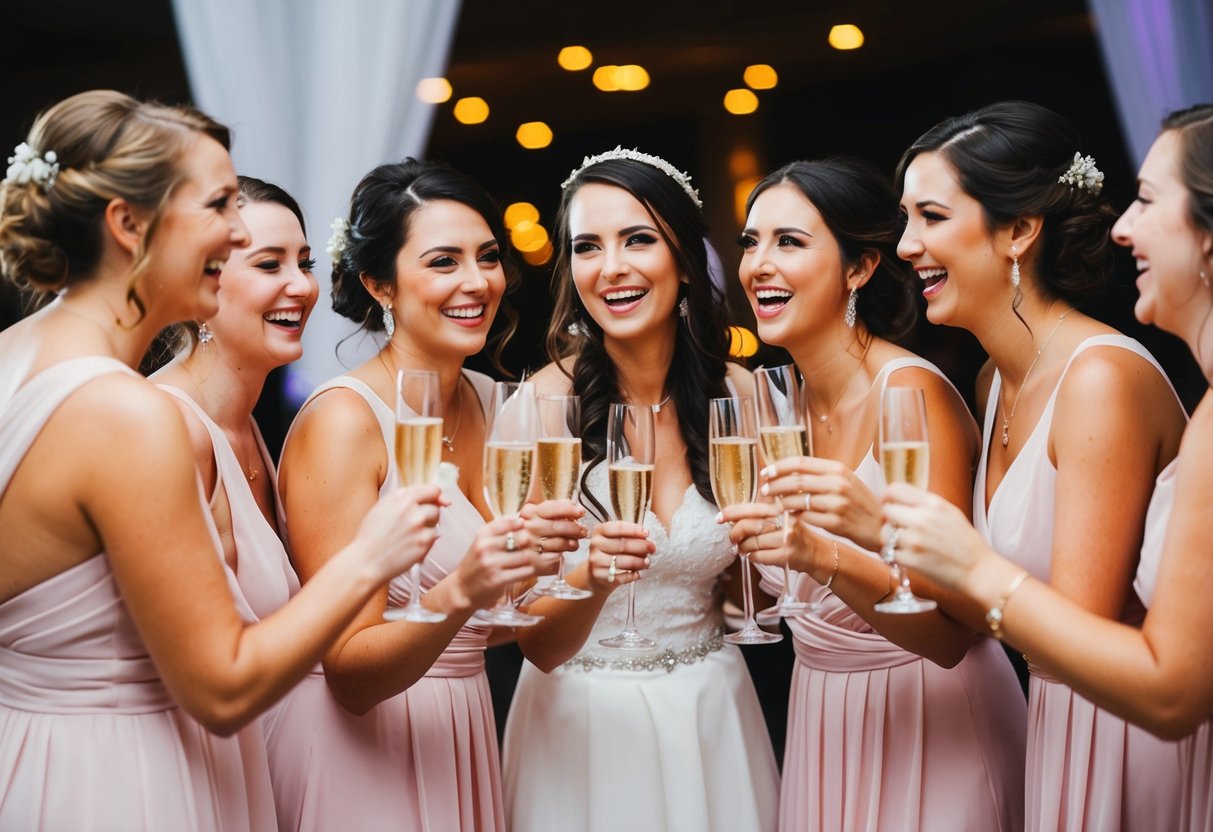 A group of bridesmaids celebrating at a wedding reception, each holding a glass of champagne and chatting happily