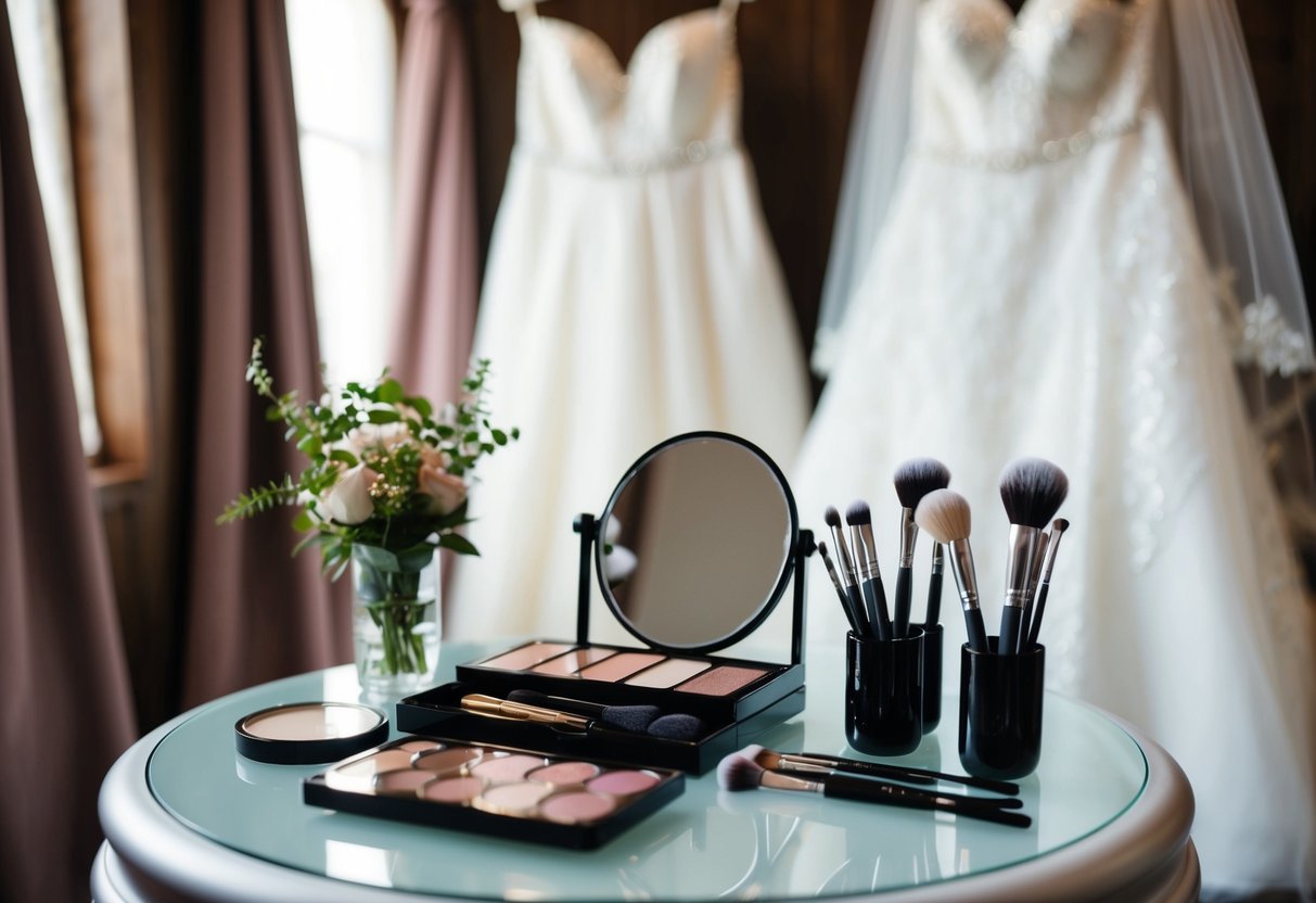 A makeup table with brushes, palettes, and a mirror. A bridal gown and veil hang in the background