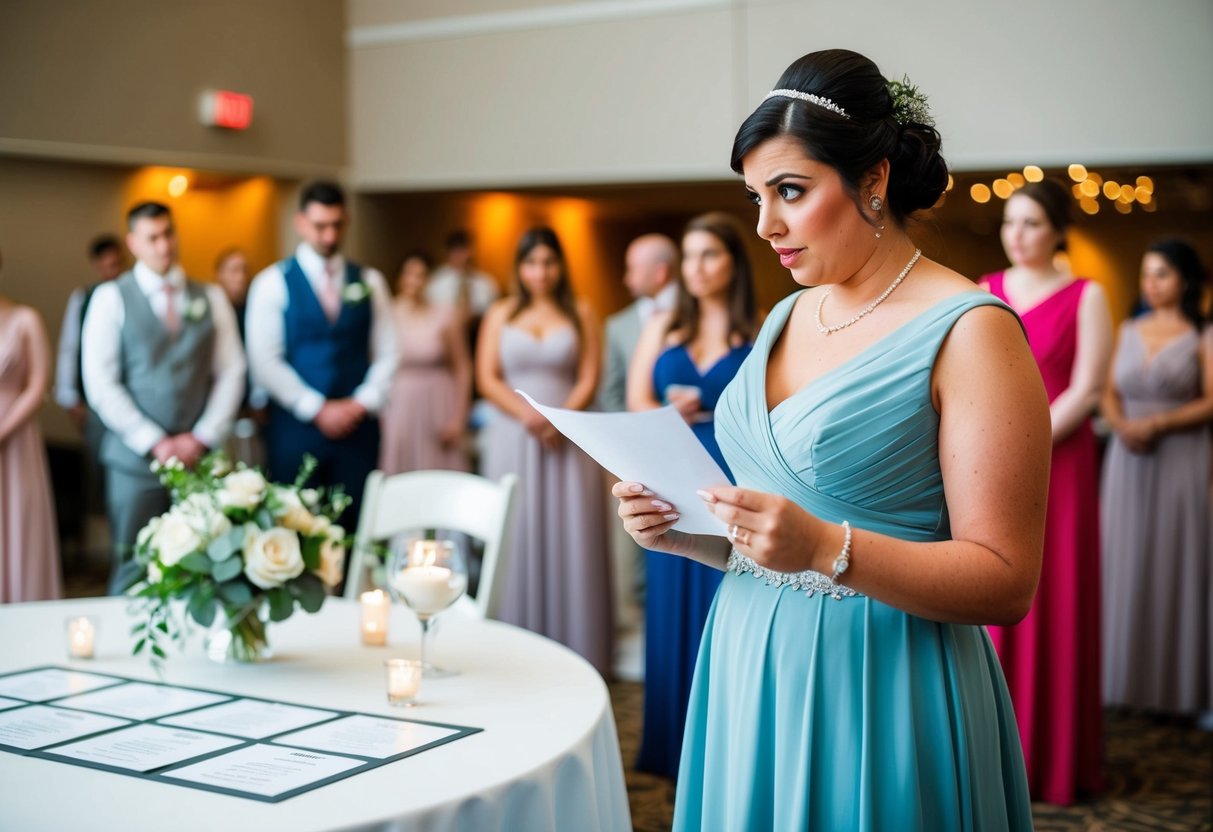 A bridesmaid stands alone at the reception, looking at the seating chart with a questioning expression