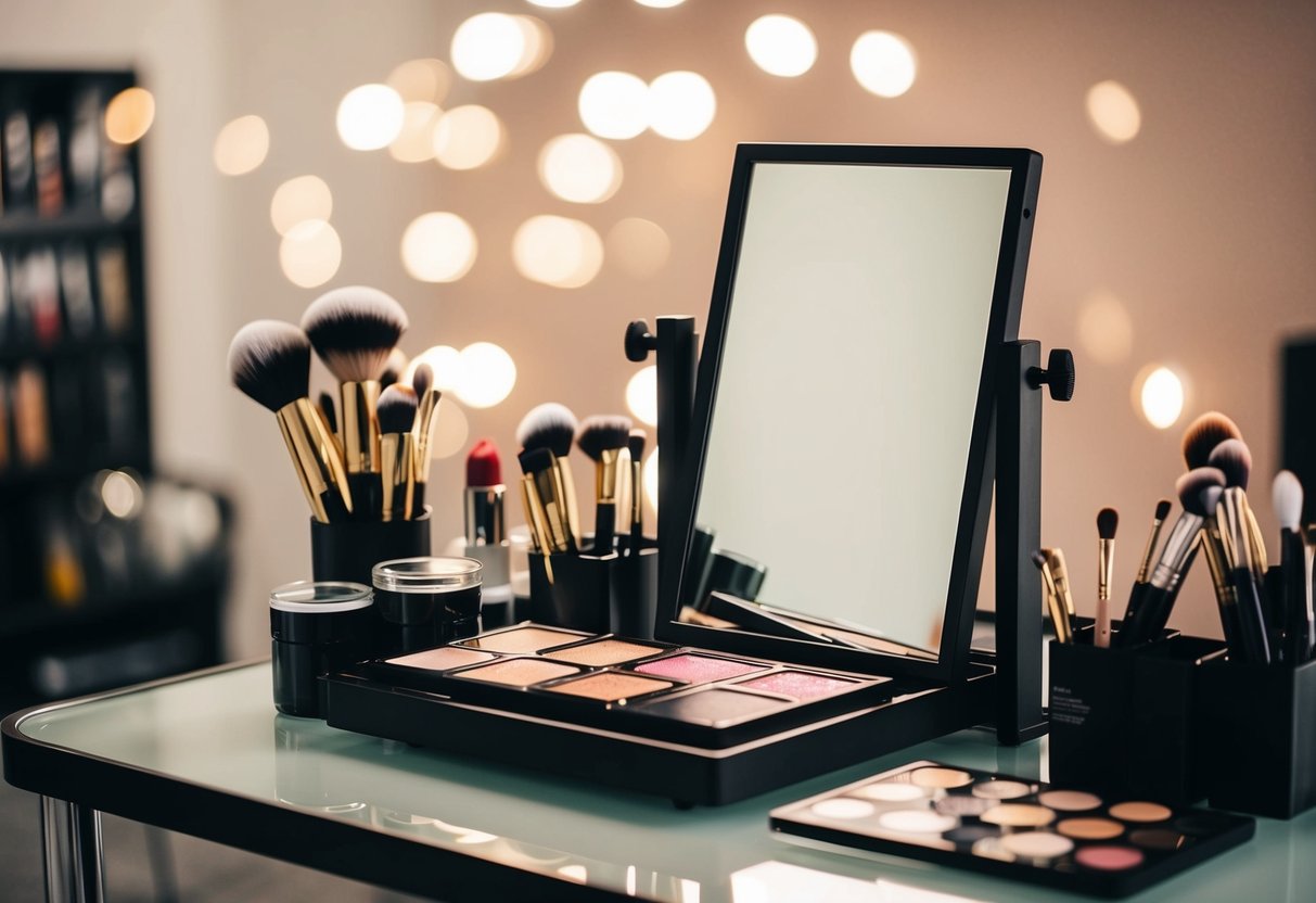 A makeup artist's table with brushes, palettes, and a mirror