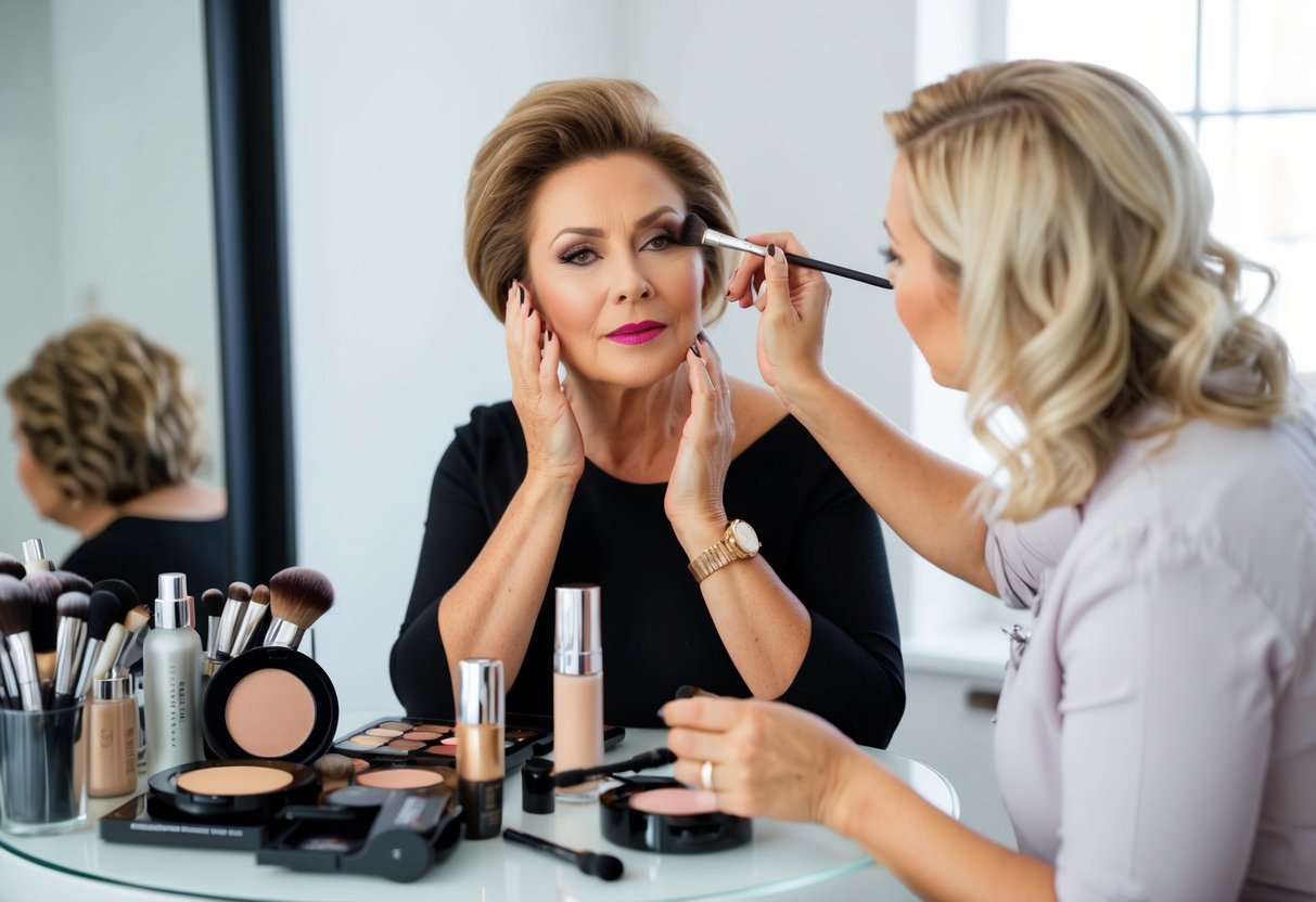 A makeup artist applying makeup to a mature woman's face, surrounded by various makeup products and tools on a clean and organized table