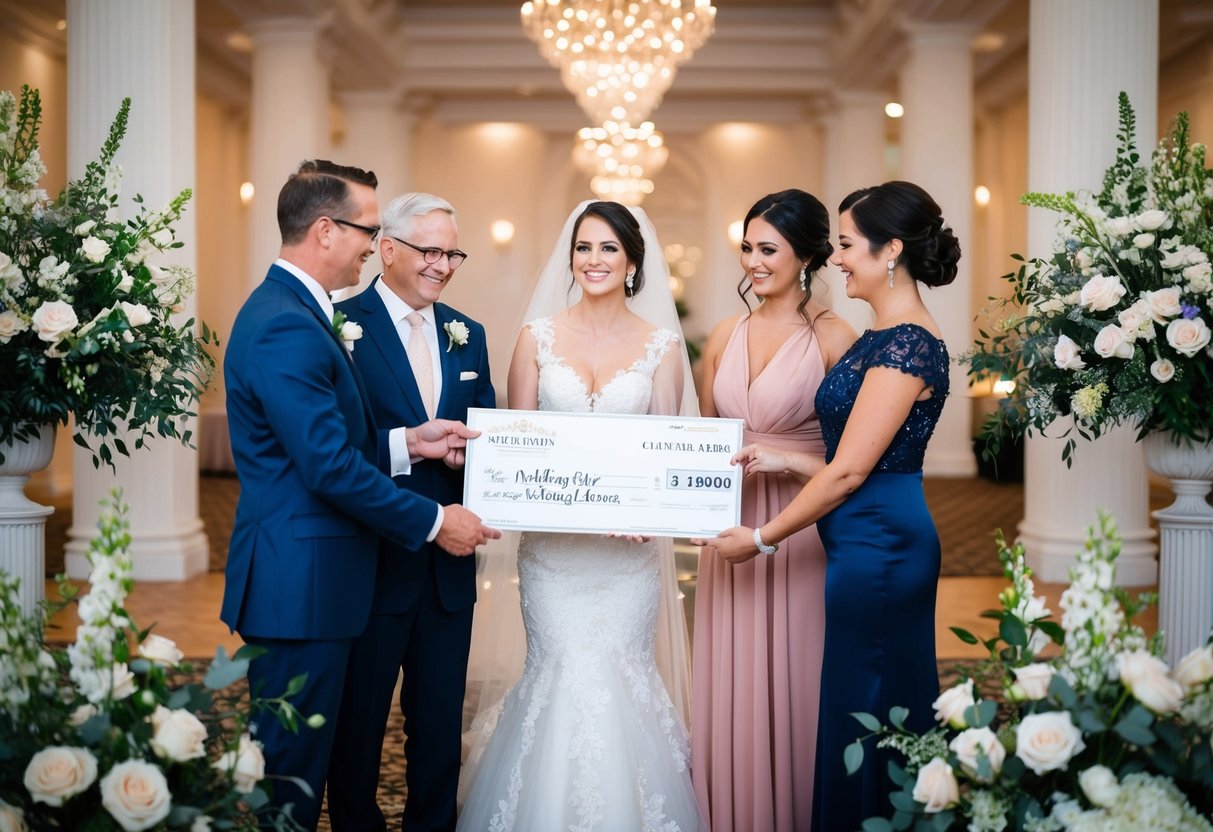 The bride's family presents a check to the wedding planner, surrounded by elegant floral arrangements and a grand reception hall